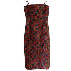 Coco Shop Navy Checkerboard Cotton Squares Midi Dress Women’s XS Orange Accents